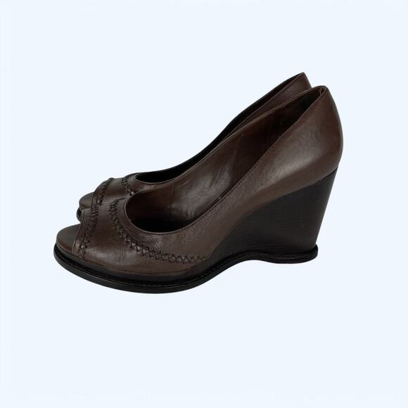 Gianni Bini Brown Leather Open Toe Wedge Heels 7.5M - Picture 2 of 7